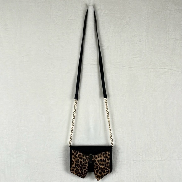 Crossi Small Bag / Crossbody Wallet on a Strap Black & Leopard Print Bow - Picture 5 of 10